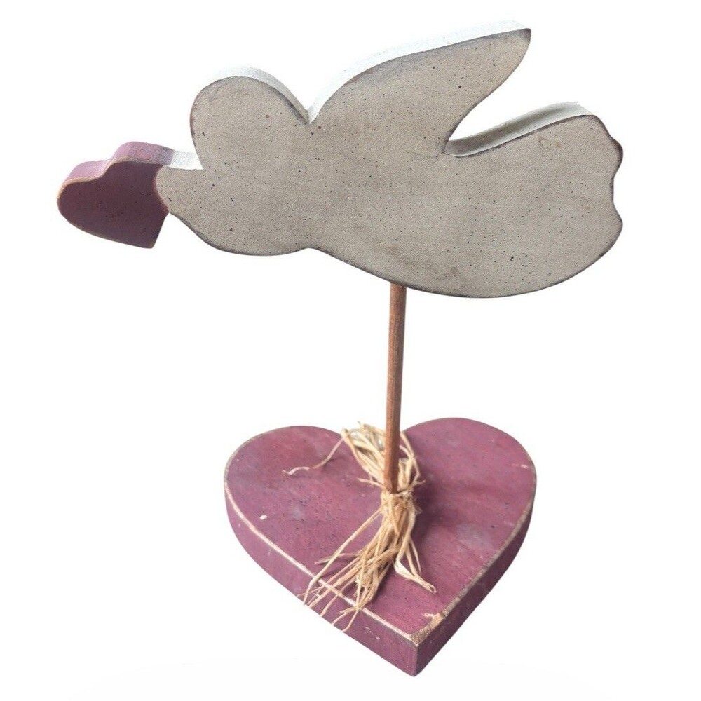 VTG 1995  Wooden Angel Dove Heart Figurine Primitive Folk Art Rustic  Handcrafte